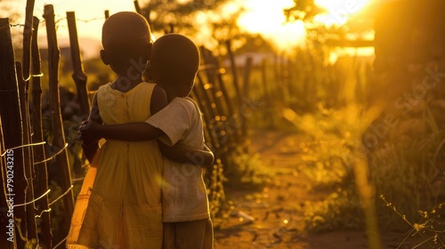 African child gripped by sibling during sunset in village backyard with kraal fence in background