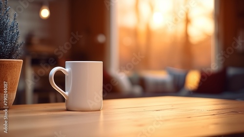 white mug of beverage placed on wooden dining table with chair in cozy room with blurred background at home