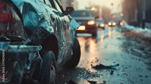 A car with a dented side is parked on a wet road at dusk, illuminated by the soft light of street lamps. Car after an accident.
