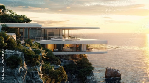 A modernist masterpiece set on a cliffside overlooking the ocean, with cantilevered balconies and panoramic glass walls that capture the essence of coastal living in a contemporary