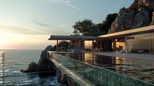 A modernist masterpiece with sweeping lines and minimalist design, set amidst rugged cliffs and crashing waves, featuring expansive glass walls and open-plan living spaces 