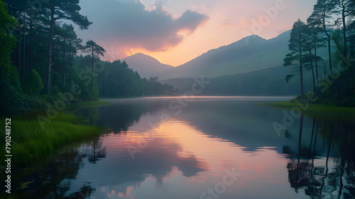 Twilight descending over a tranquil lake, the sky painted in shades of pink and orange, reflected perfectly in the still water
