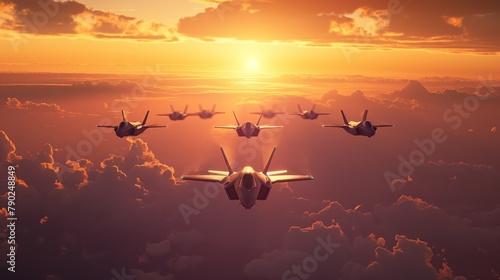 Military Fighter Jets Flying in Formation at Sunset