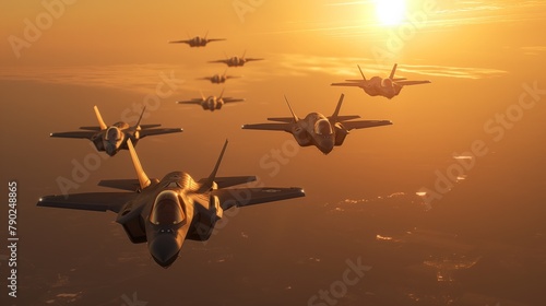 Fighter Jets Flying in Formation at Sunset