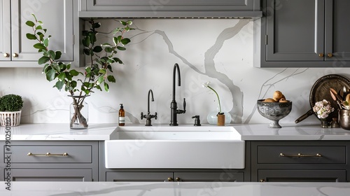 Detail shot of a kitchen sink featuring white marble backsplash and countertop, grey cabinets, and ornamentation.