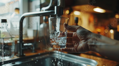 A stream of drinkable, pure water enters the glass. A woman in the kitchen is holding a glass of water under the running tap.