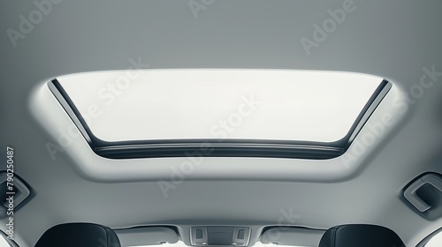 Close-up of a car sunroof and white ceiling