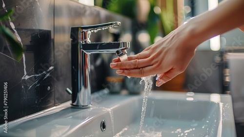 close-up of a woman using soap and water from the faucet, illustrating the idea of personal hygiene.