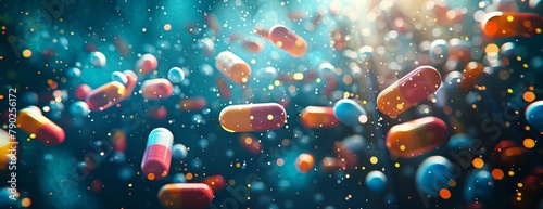 a bunch of pills floating in the air with a blurry background