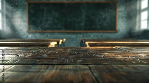 An empty classroom with a row of wooden school desks facing the blackboard is seen in a wide angle background image.