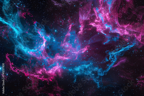 Vibrant neon pink and blue abstract cosmic galaxy. Stunning artwork on black background.