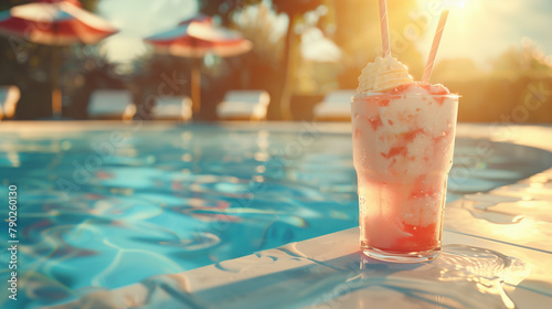 cold sodas melting with ice cream on the side of a swiiming pool, hot sunny summer day (1)