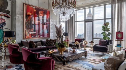 Art deco-inspired penthouse living room with sleek marble accents, a plush velvet sofa, and geometric patterns, exuding luxury and sophistication in a glamorous metropolitan setting