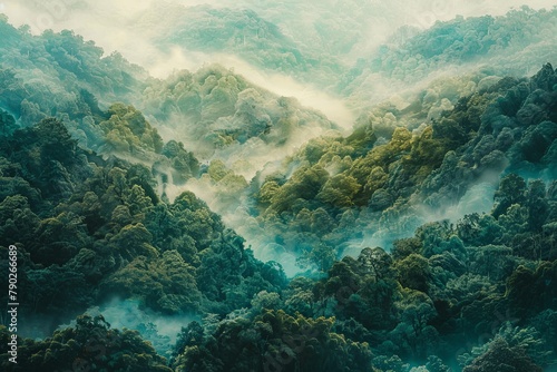 A serene aerial view of dense forest enveloped by ethereal mist, highlighting the beauty of nature's tranquility.