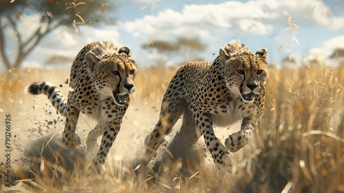 A pair of sleek cheetahs sprinting across the African savanna in pursuit of elusive prey, 