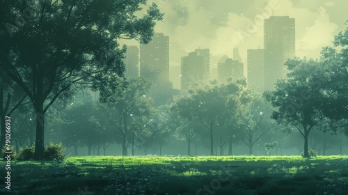 An ethereal dawn breaks over a forest park, with twinkling lights and mist intermingling before a distant city skyline.