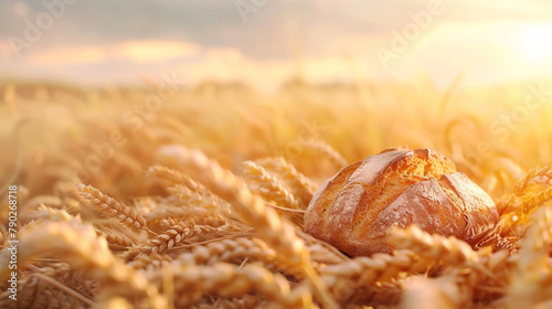 white bread and wheat on a wooden background
