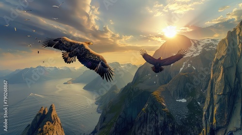 A pair of magnificent bald eagles soaring high above the rugged cliffs of a coastal fjord, their wings outstretched against the backdrop of a vivid sunset 