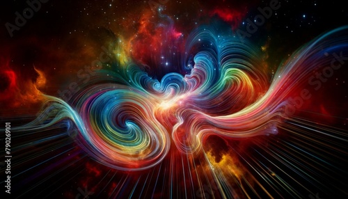 Celestial Colors Dance in a Mesmerizing Sound Wave Ballet. Spectral colors entwine in an elaborate dance, forming a breathtaking sound wave composition against space's darkness.