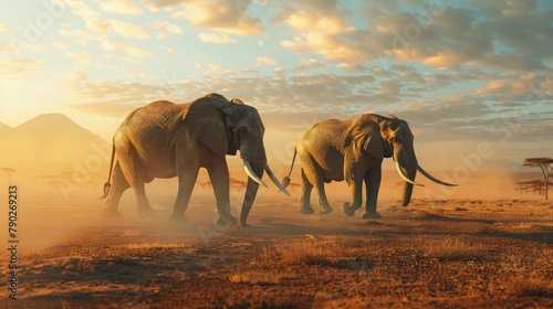 A pair of majestic African elephants marching in lockstep through the arid savanna,