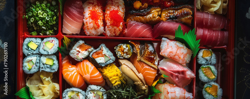bento box filled with an assortment of fresh and flavorful Japanese dishes including sushi sashimi tempura and pickled vegetables.
