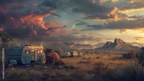 Roma nomadic lifestyle portraying caravan campsites amidst breathtaking natural landscapes.
