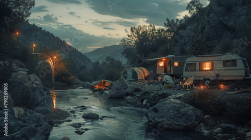 Roma nomadic lifestyle portraying caravan campsites amidst breathtaking natural landscapes.