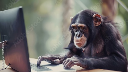 AI generated illustration of a chimpanzee sitting at a table, using a laptop computer