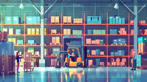 An image of warehouse workers and robots loading boxes on racks on a cartoon banner. An image of warehouse stages of development, a logistics business. An image of forklift loaders working in a