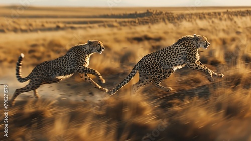 A pair of sleek cheetahs sprinting across the African savanna in pursuit of elusive prey, their lithe bodies moving with effortless speed