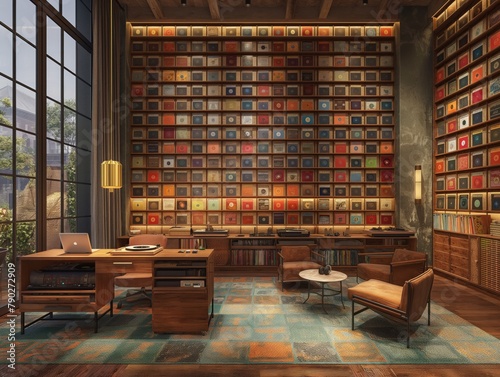 A large room with a desk and a bookshelf. The bookshelf is full of books and has a variety of colors