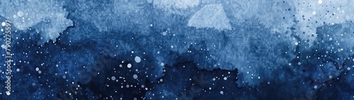 Dark navy blue watercolor and bubbles background. Beautiful dark gradient hand drawn by brush grunge background with stars.