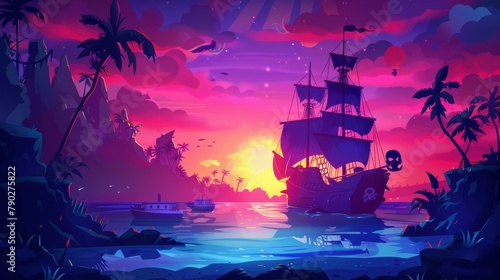 Filibuster boat with jolly roger skull on island in ocean dusk background. Adventure game or book scene. Cartoon image.