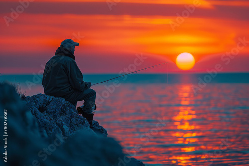 A photograph of a retiree fishing by the sea at sunset, enjoying the peace and fulfillment of his ho