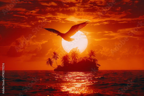 A scene of a majestic frigatebird soaring above a tropical island, its silhouette a striking feature