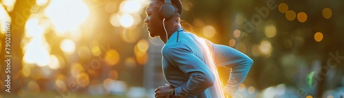 A man in his late thirties, black male with short hair and headphones on running outside holding their back as it is being ag yielding from sciatica pain The background should be an advertising style