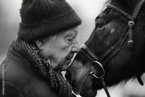 An image showing a veteran attending an equine therapy session, developing bonds with the horse as a