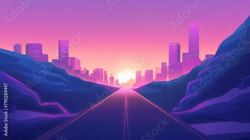 Urban cityscape view and asphalt highway on a hill. USA skyscraper downtown. Speedway for car traffic in a sand canyon. Abstract futuristic modern background of an empty desert road leading to a city