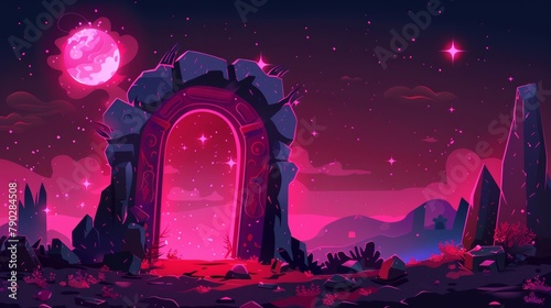 The hell gate is surrounded by a red fantasy magic game portal. A futuristic and fantastic door opening to the inferno planet.