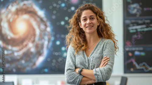 Portrait of smiling young businesswoman astrologer standing with arms crossed in office