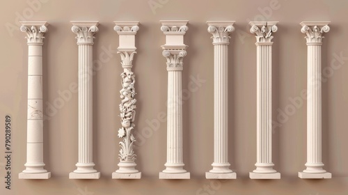 The ancient roman column was made of white clay. This modern illustration set represents a greek stone pillar of a temple building with an antique marble colonnade. This design was used to enhance a