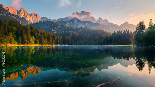 Spokojny poranek widok na jezioro Fusine. Kolorowy lato wschód słońca w Juliańskich Alps z Mangart szczytem na tle, prowincja Udine, Włochy, Europa. Piękno natury pojęcia tło.