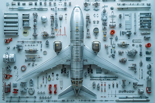 Disassembled airplane parts with full plane in the center of image. Layout image related to flights, technology, repair, support, diagnostic, travel. 