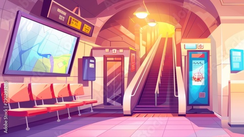 From an underground tunnel, a train arrives at an empty subway platform. This modern cartoon illustration shows a ticket vending machine, seats, a map, and stairs in the interior of a subway station.