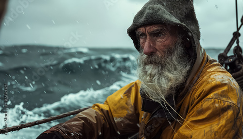 A man with a beard and a yellow jacket is rowing a boat in the ocean