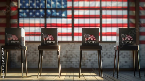 American voters participating in USA elections with private polling booths lined up, showcasing the democratic process in action.