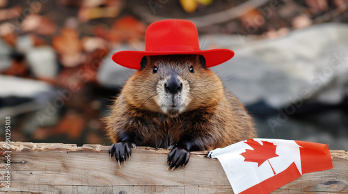 Celebratory Canadian beaver wearing a red hat with Canada flag for Canada Day