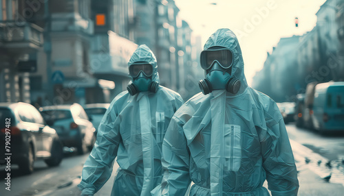 Two men in hazmat suits walk down a street