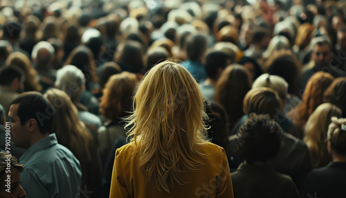 A woman stands in front of a crowd of people