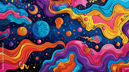 Hand drawn groovy psychedelic background. Abstract wavy swirly pattern